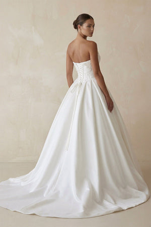 3D Floral Strapless Corset Satin Wedding Gown in White - KissProm Wedding Dresses