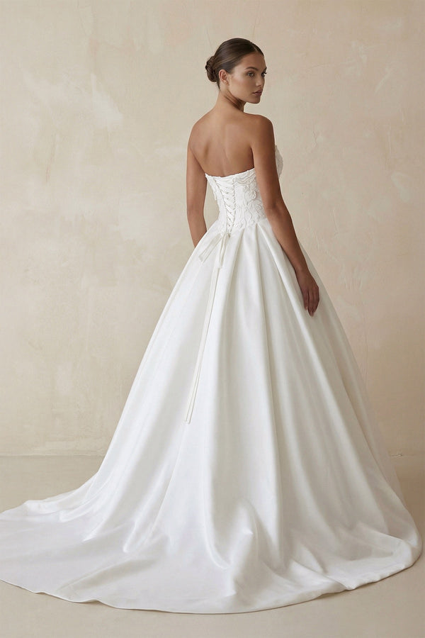 3D Floral Strapless Corset Satin Wedding Gown in White - KissProm Wedding Dresses