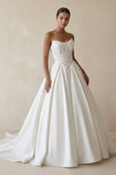3D Floral Strapless Corset Satin Wedding Gown in White - KissProm Wedding Dresses
