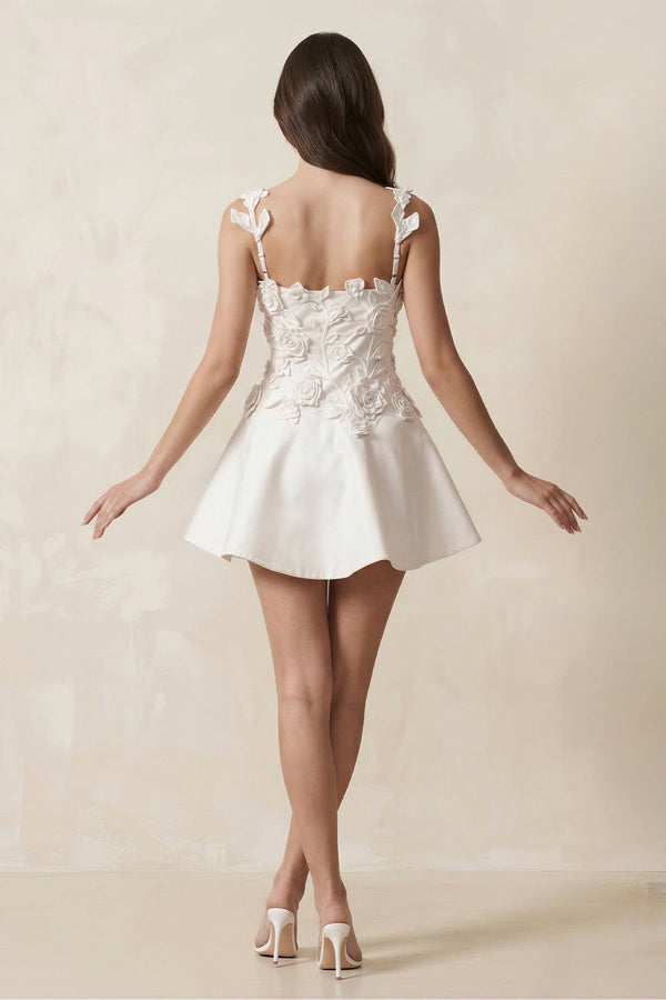 3D Flower A - Line Satin Mini Wedding Dress in White - KissProm Wedding Dresses