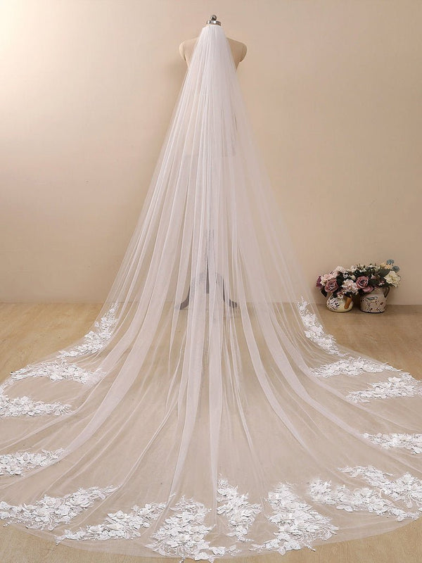 3D Flower Lace with Rhinestones Cathedral Veil Bridal Veil Wedding Veil - KissProm