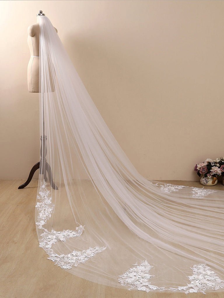 3D Flower Lace with Rhinestones Cathedral Veil Bridal Veil Wedding Veil - KissProm