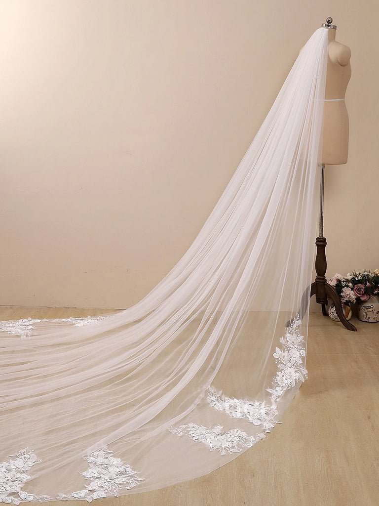 3D Flower Lace with Rhinestones Cathedral Veil Bridal Veil Wedding Veil - KissProm