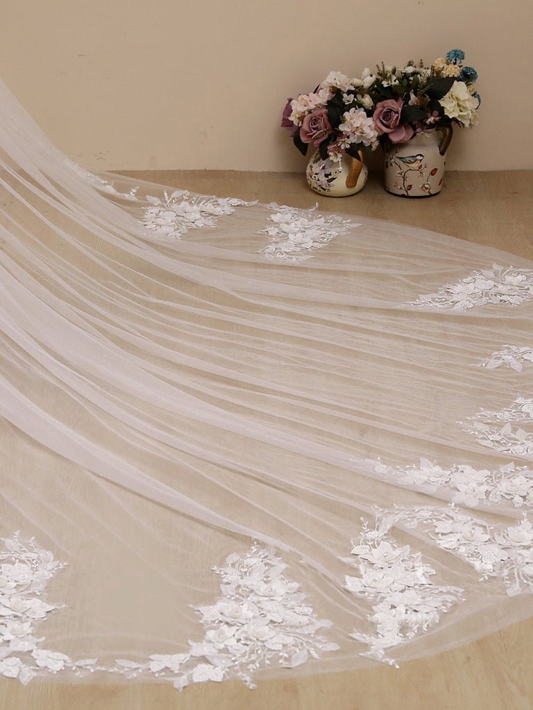 3D Flower Lace with Rhinestones Cathedral Veil Bridal Veil Wedding Veil - KissProm