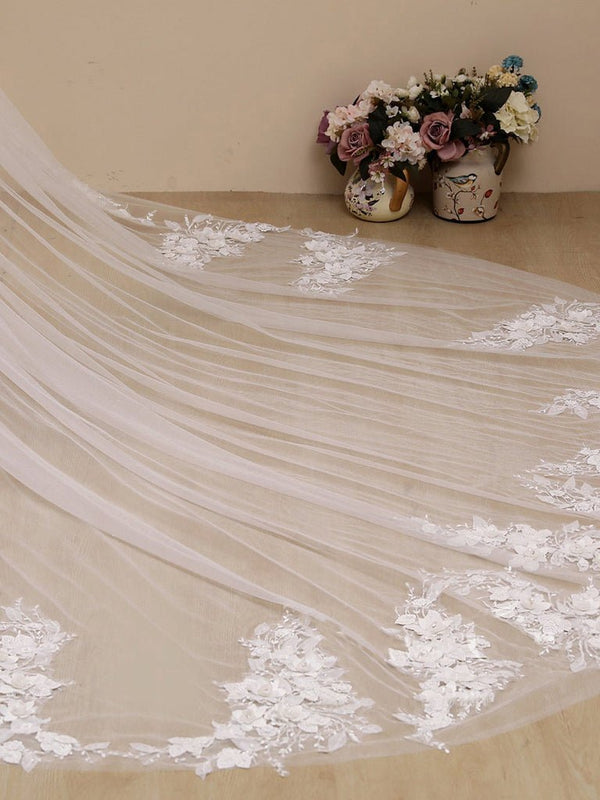 3D Flower Lace with Rhinestones Cathedral Veil Bridal Veil Wedding Veil - KissProm