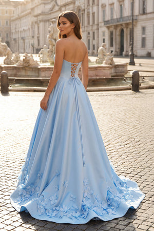 KissProm-Blue 3D Flower Sky Blue Strapless A-Line Prom Dress