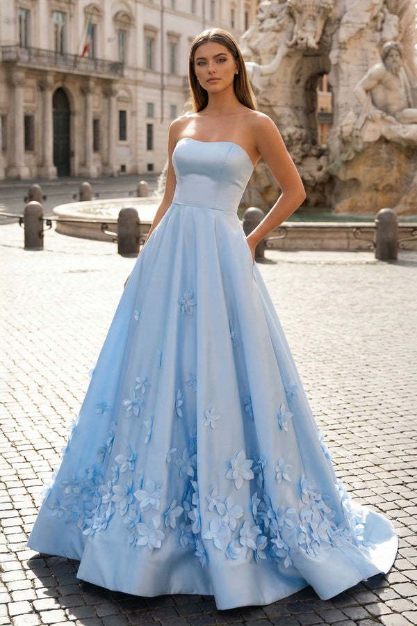 KissProm-Blue 3D Flower Sky Blue Strapless A-Line Prom Dress