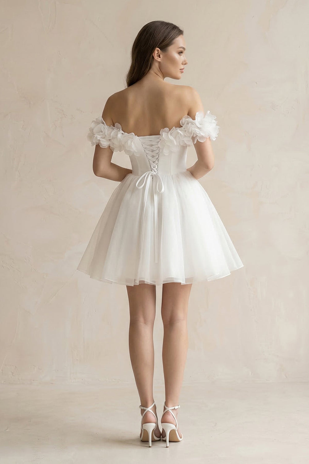 3D - Flower Off - the - Shoulder A - Line Tulle Wedding Dress in Ivory - KissProm Wedding Dresses