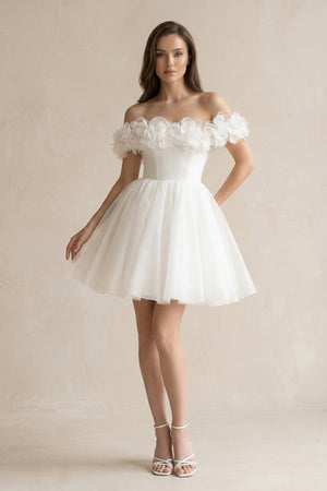 3D - Flower Off - the - Shoulder A - Line Tulle Wedding Dress in Ivory - KissProm Wedding Dresses