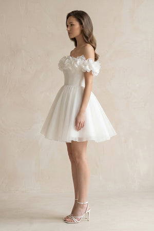 3D - Flower Off - the - Shoulder A - Line Tulle Wedding Dress in Ivory - KissProm Wedding Dresses