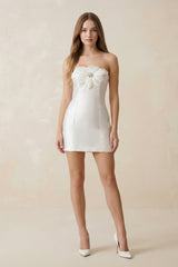 3D - Flower Satin Strapless Sheath Wedding Dress in White - KissProm Wedding Dresses