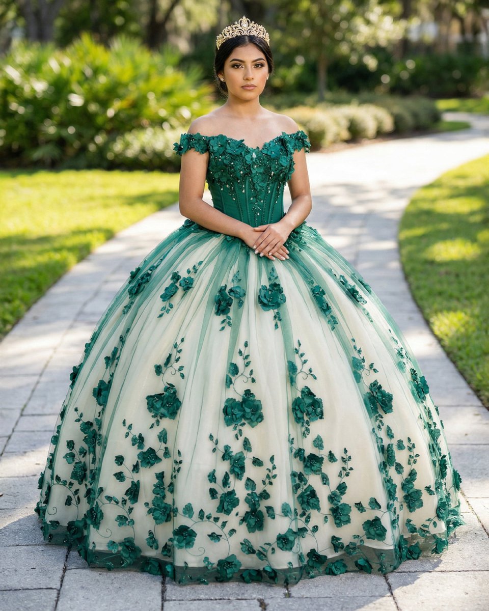 3D Flowers Off Shoulder Tulle Appliques Beaded Quinceanera Dress - KissProm