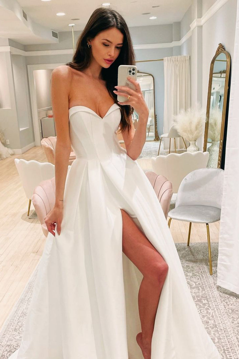Simple A-Line Sweetheart White Satin Wedding Dresses with Slit