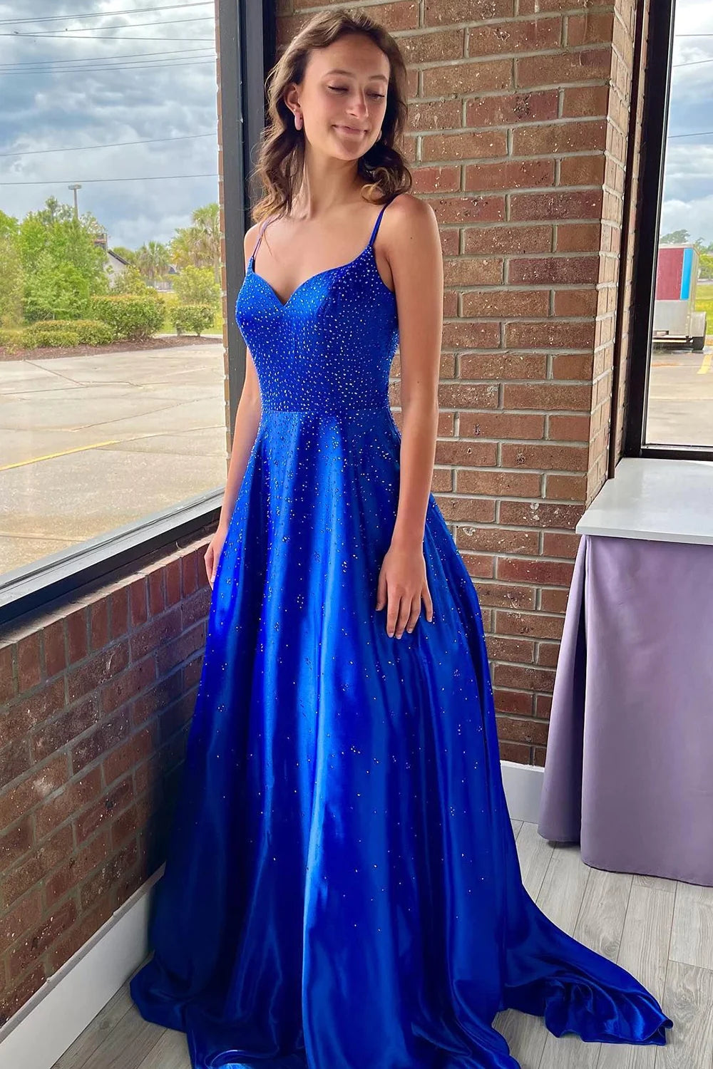 Athena | A-Line Spaghetti Straps Royal Blue Long Prom Dress with Beading