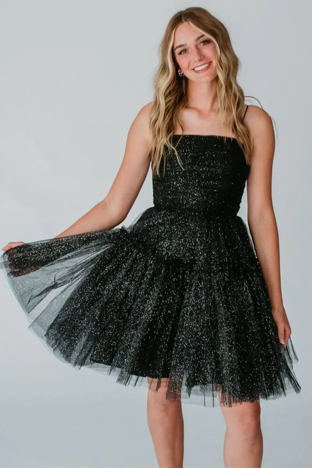 Posey | Glitter A - Line Spaghetti Straps Black Tulle Homecoming Dresses - KissProm