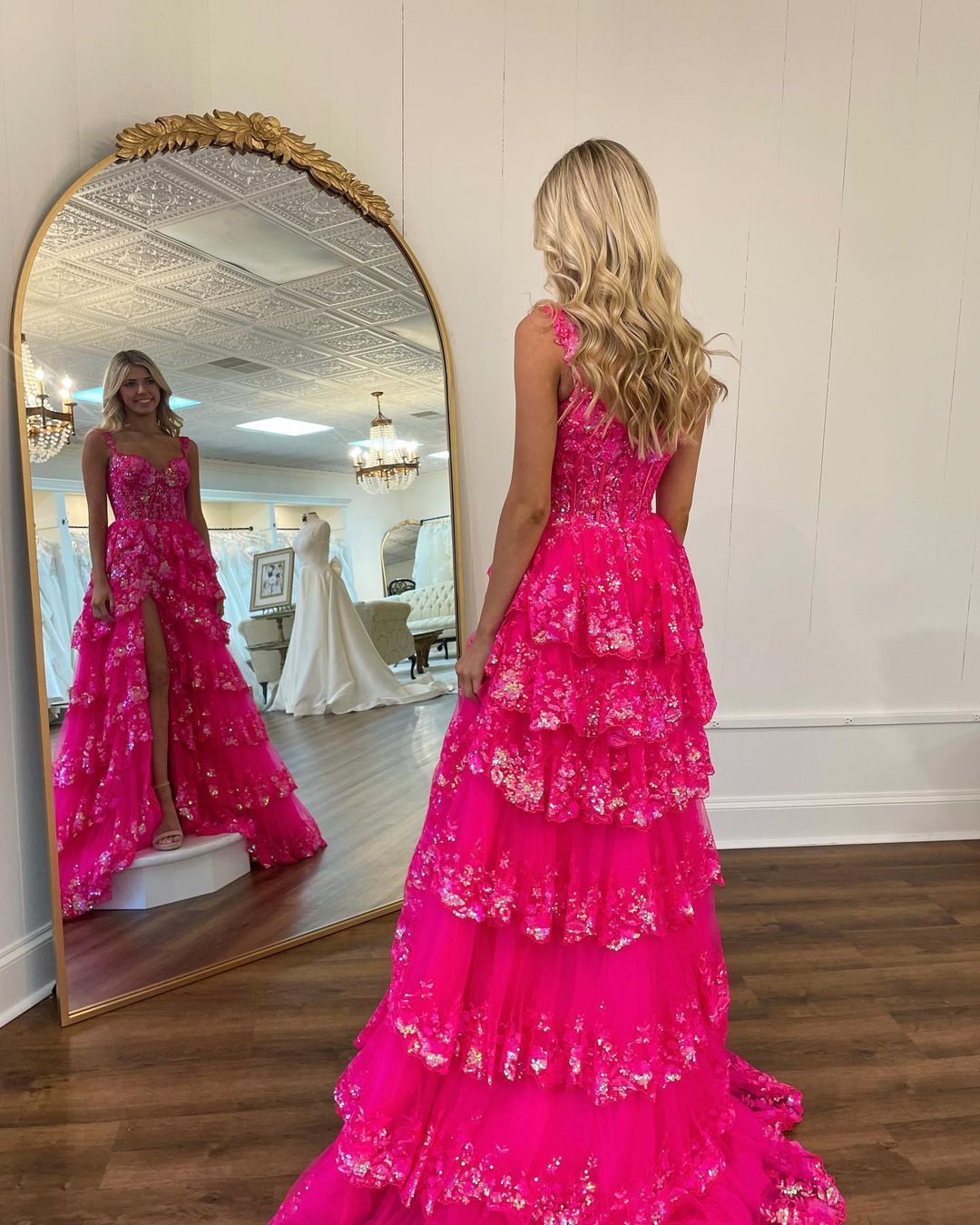 Capri | A-Line Lace Off-the-Shoulder Tiered Long Prom Dress with Slit