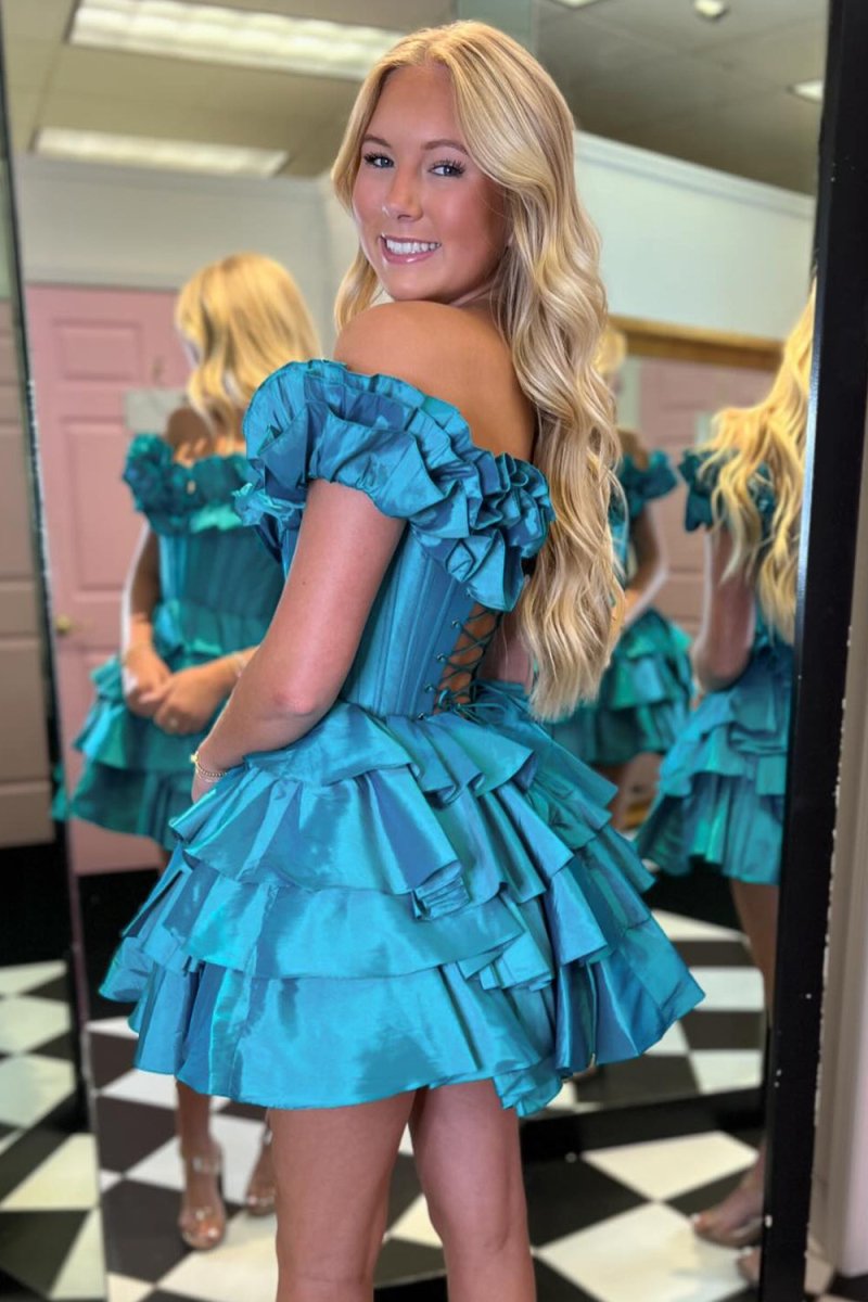 A-Line Off-The-Shoulder Corset Ruffle Tiered Homecoming Dress Blue / 6 A-Line Off-The-Shoulder Corset Ruffle Tiered Homecoming Dress Blue / 6