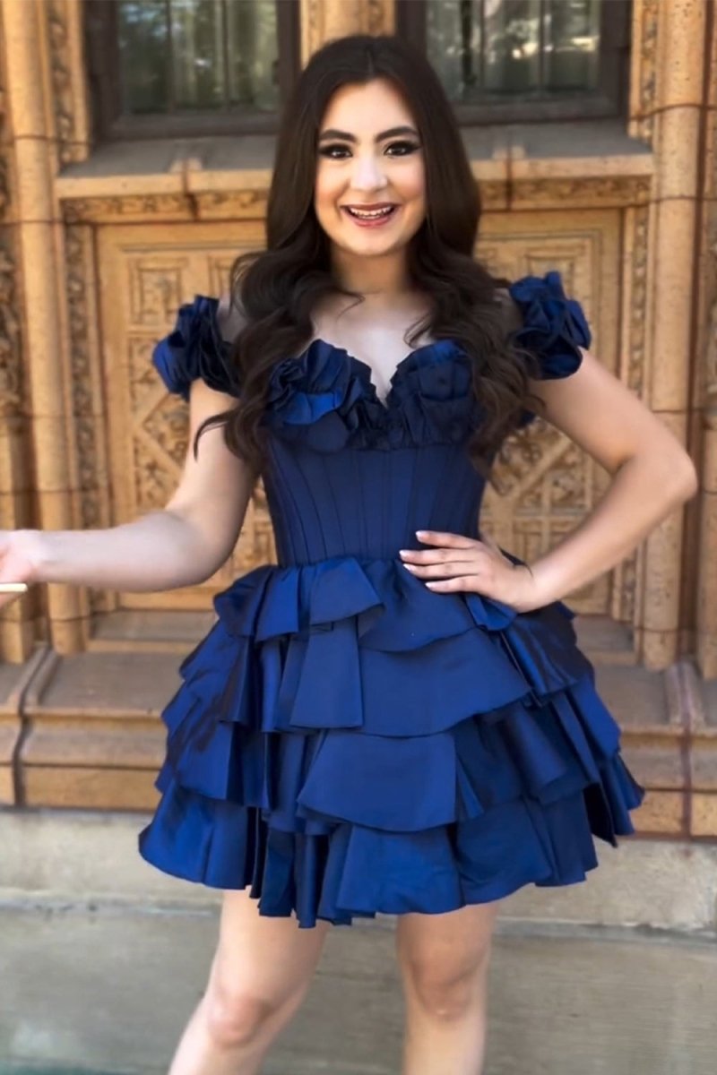 A-Line Off-The-Shoulder Corset Ruffle Tiered Homecoming Dress Navy Blue / 2 A-Line Off-The-Shoulder Corset Ruffle Tiered Homecoming Dress Navy Blue / 2