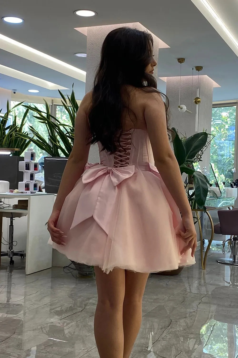 Pink Strapless Tulle A-Line Short Corset Homecoming Dress with Bow Pink / 10 Pink Strapless Tulle A-Line Short Corset Homecoming Dress with Bow Pink / 10
