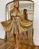 Jinny | Metallic Fuchsia Halter Keyhole Pleated Short Homecoming Dress