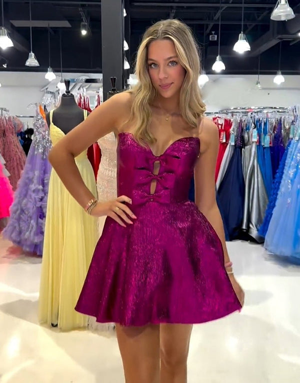 Jalise | Glitter Strapless Peacock Short Homecoming Dress with Bow