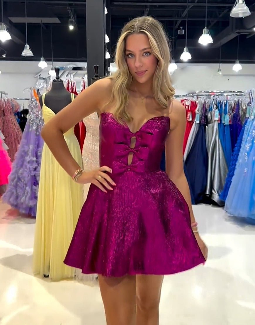 Jalise | Glitter Strapless Peacock Short Homecoming Dress with Bow