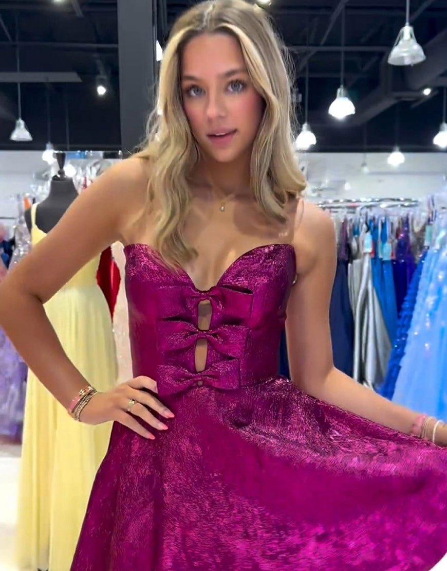 Jalise | Glitter Strapless Peacock Short Homecoming Dress with Bow