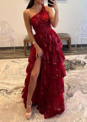 KissProm-Livia Burgundy Sheath One Shoulder Tiered Lace Long Prom Dress