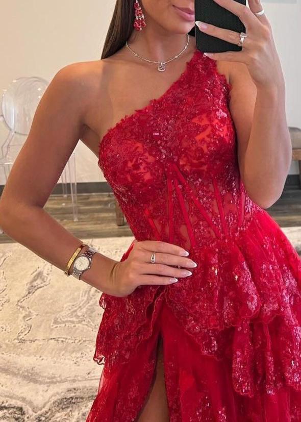 KissProm-Livia Red Sheath One Shoulder Tiered Lace Long Prom Dress