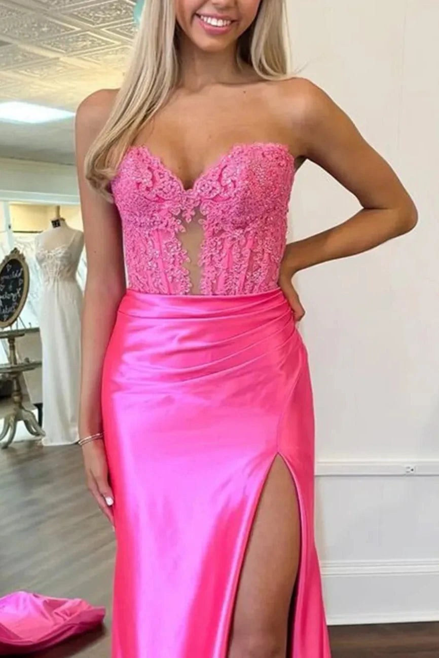 KissProm-Aeth Pink Strapless Lace Mermaid Long Prom Dresses With Slit
