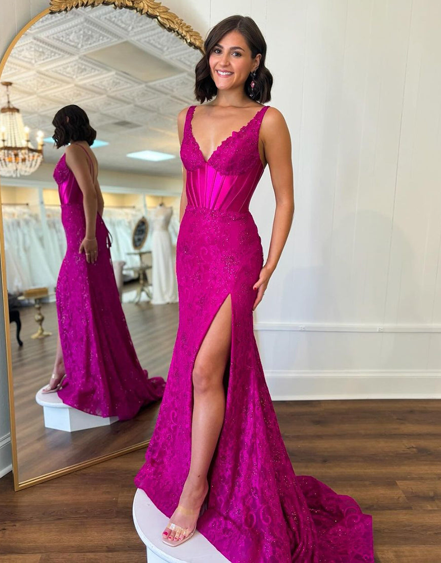 Chic Pink Appliques Long Sleeves Mermaid Sweep Train Prom Dress main image 1