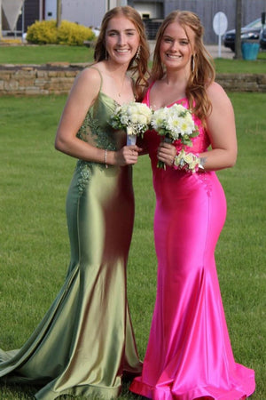 Sage Green Spaghetti Strap Backless Trumpet Long Gown - KissProm