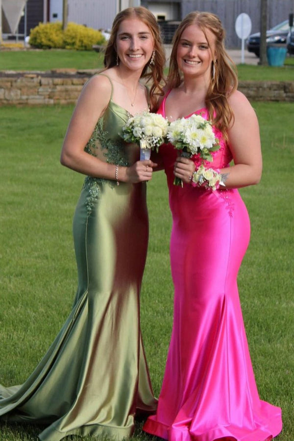 Sage Green Spaghetti Strap Backless Trumpet Long Gown - KissProm