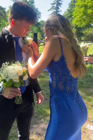 Sage Green Spaghetti Strap Backless Trumpet Long Gown - KissProm