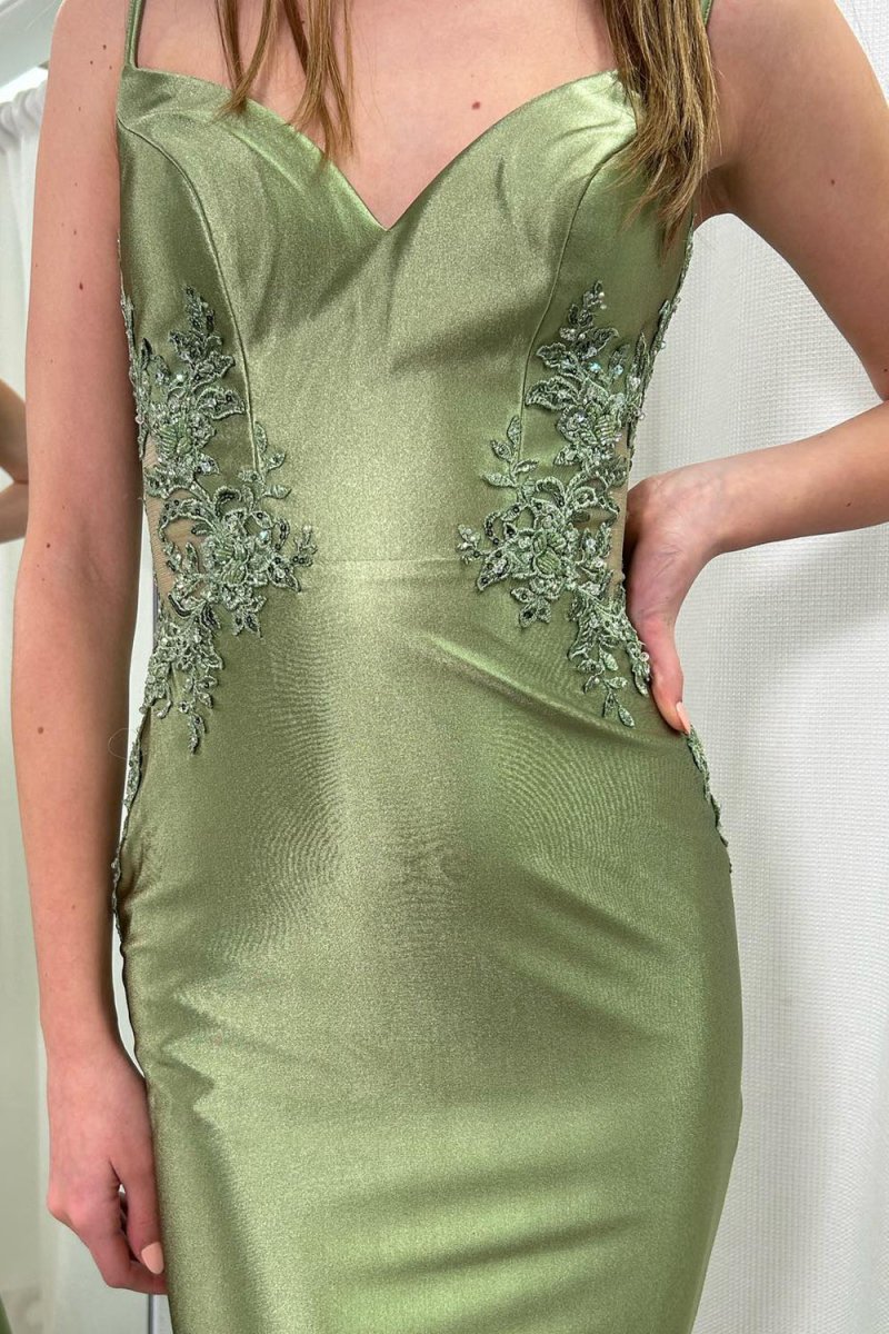 Sage Green Spaghetti Strap Backless Trumpet Long Gown - KissProm