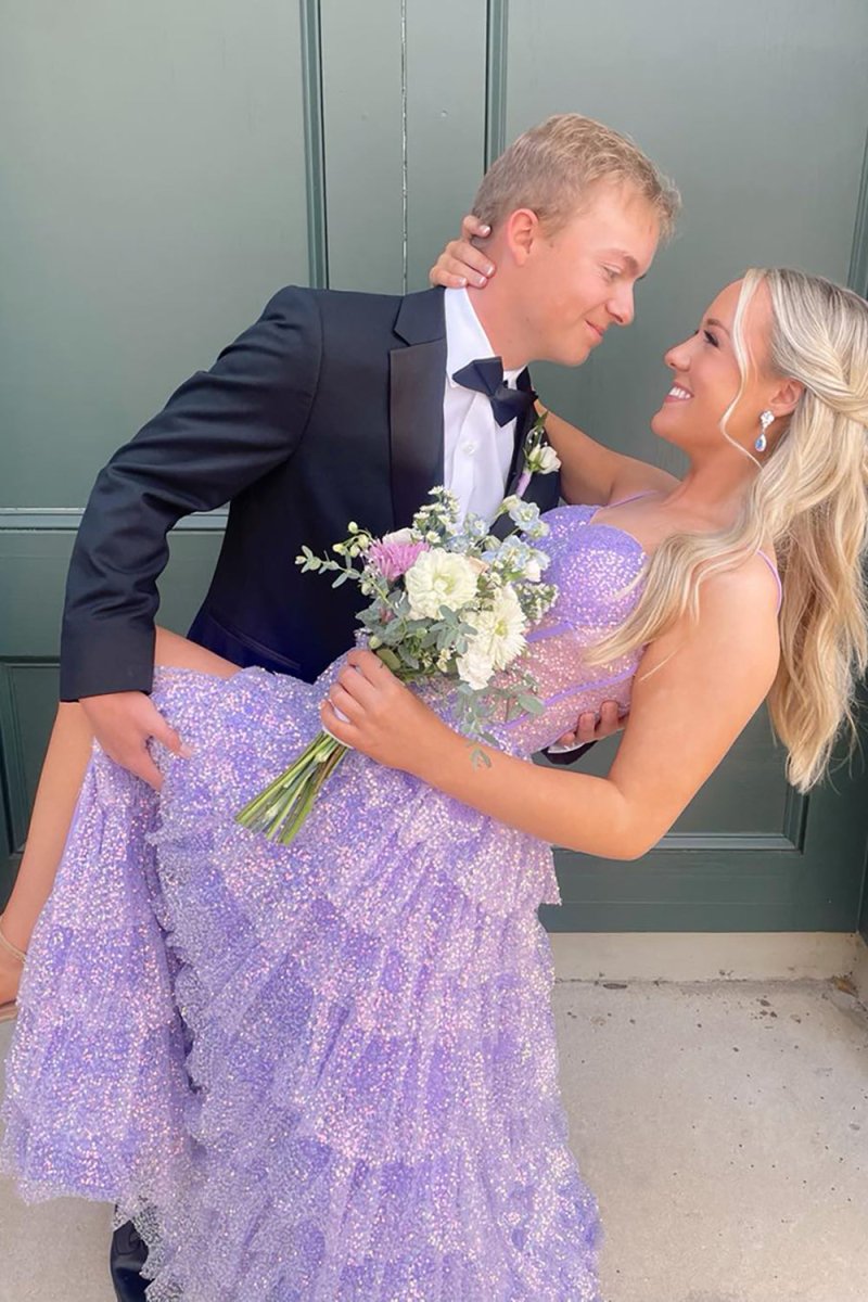 Eleanor | Glitter Tulle Corset Ruffle Tiered Long Prom Dress with Slit - KissProm