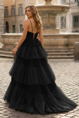 A - Line Spaghetti Straps Long Tiered Tulle Prom Dress With Split - KissProm