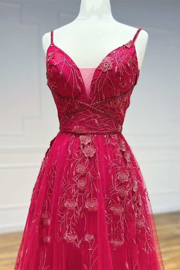Red Floral Lace V-Neck Lace-Up A-Line Prom Dress