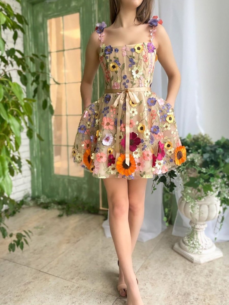 A Line Floral Short Homecoming Dress With 3D Flowers A Line Floral Short Homecoming Dress With 3D Flowers