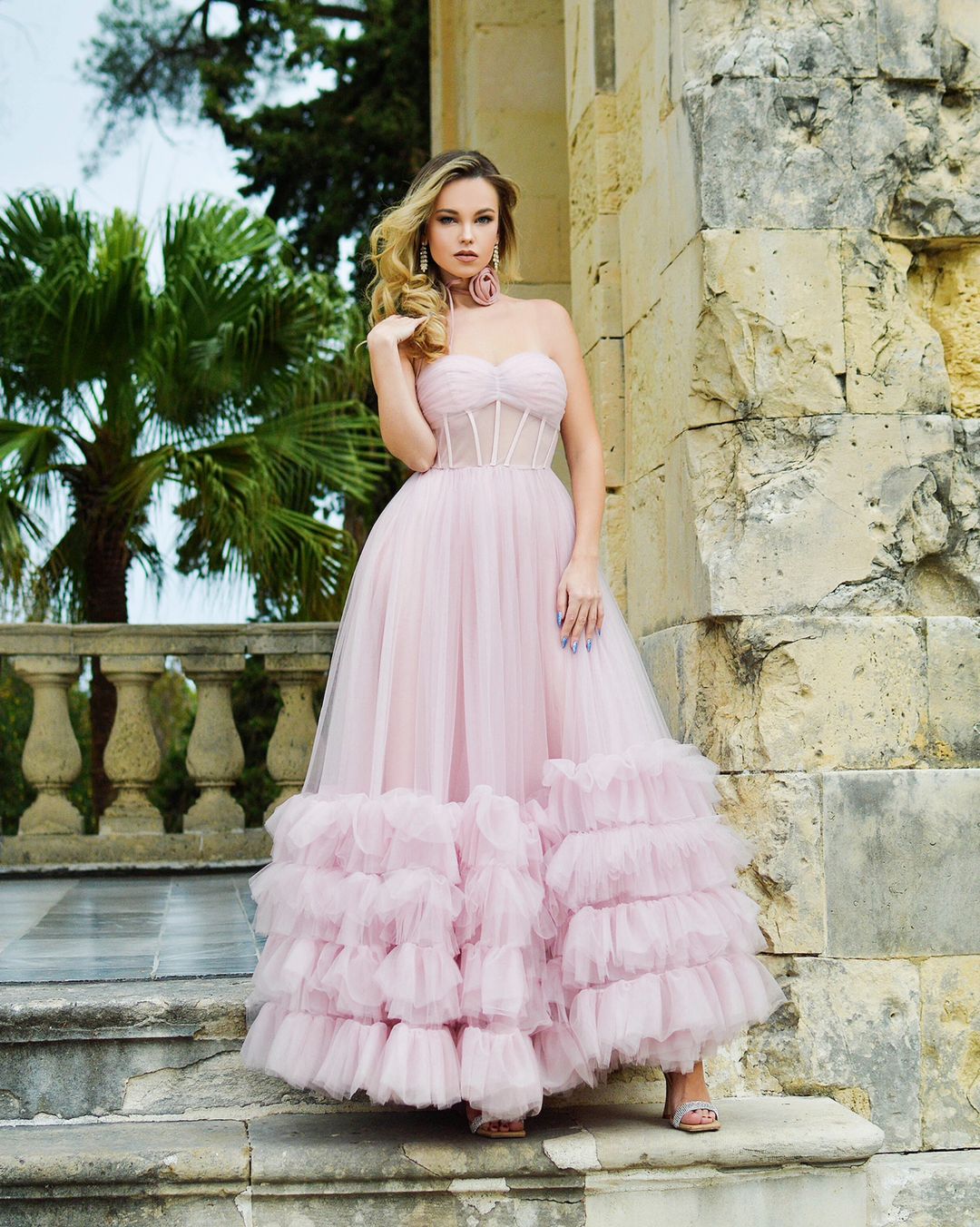 Sutton |A-line Corset Strapless Tulle Prom Dress with Ruffles