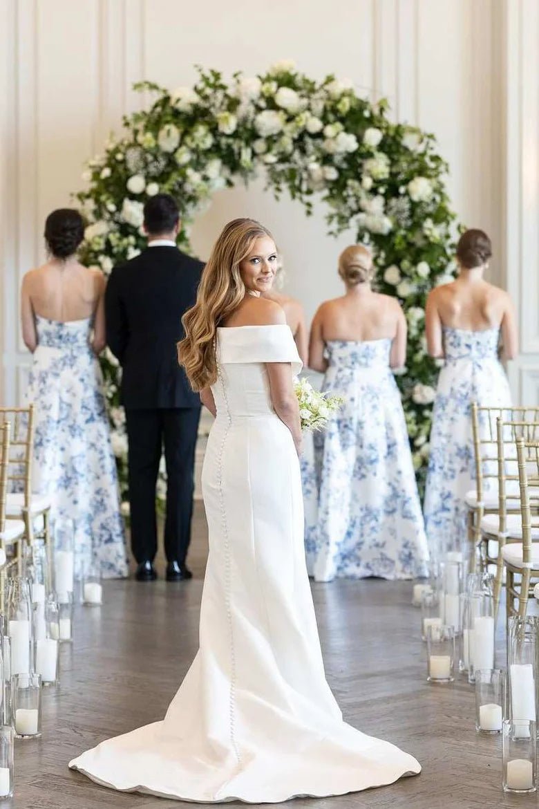 A-line Strapless Printed Floarl Satin Long Bridesmaid Dresses