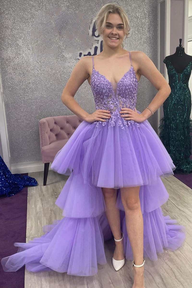 Heaven | High - Low Lavender Lace V - Neck Tiered Prom Dress - KissProm