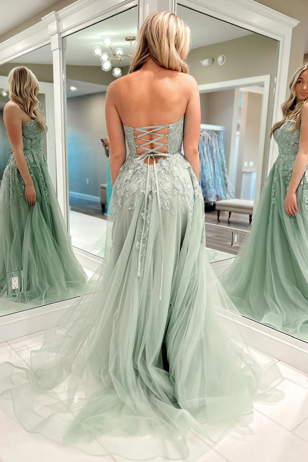 Beulah | A-Line Sweetheart Sage Green Tulle Lace Long Prom Dresses |  KissProm
