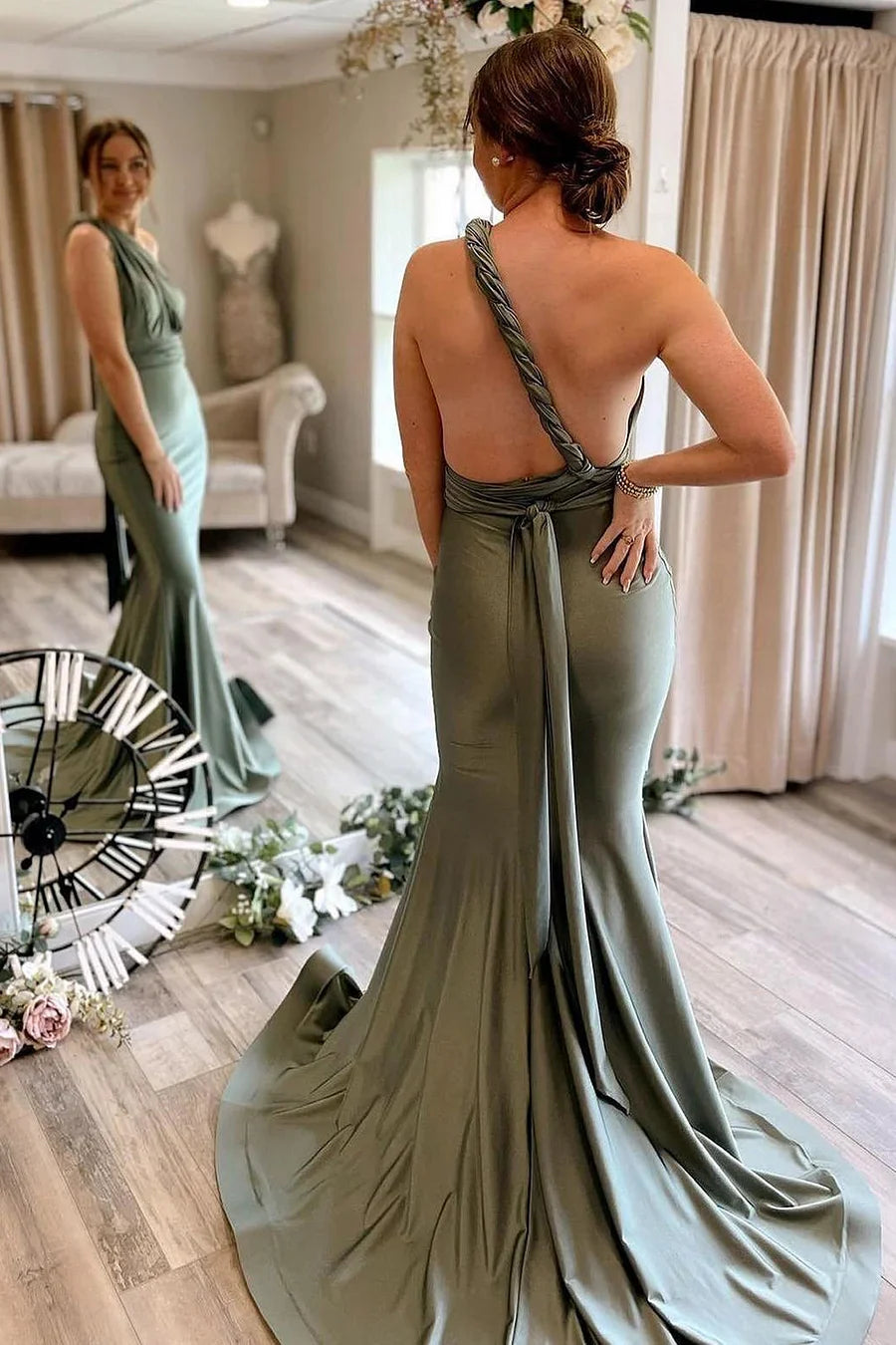 Light Green Convertible Satin Mermaid Prom Bridesmaid Dress, Sage Green / 6 Light Green Convertible Satin Mermaid Prom Bridesmaid Dress, Sage Green / 6