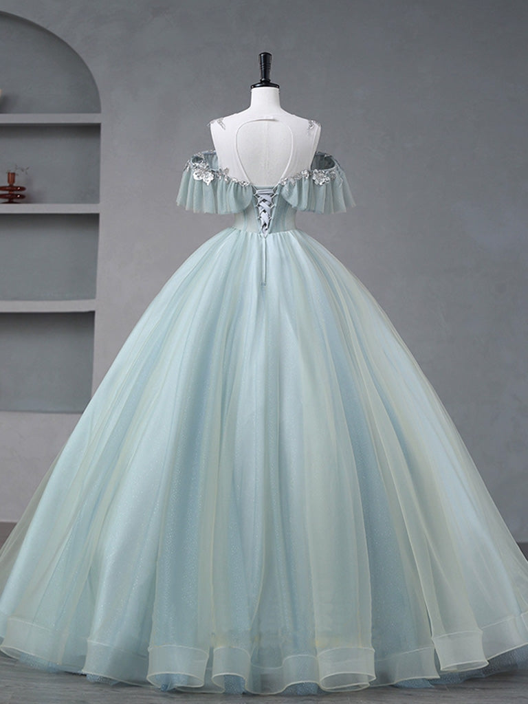 Quinceanera Dress A-Line Blue Tulle sequin Lace Long Prom Dress Blue Lace Sweet Dress