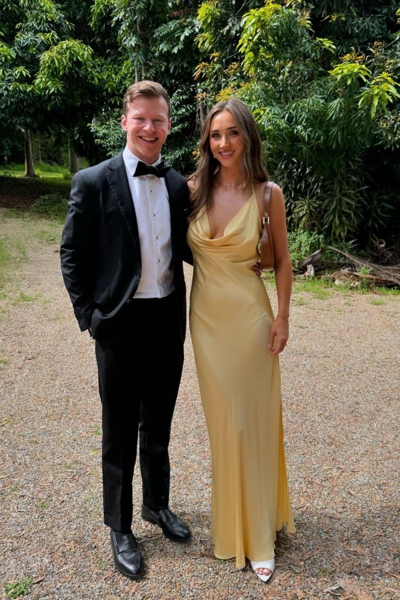 Cowl Neck Yellow Soft Satin Sheath Bridesmaid Dress