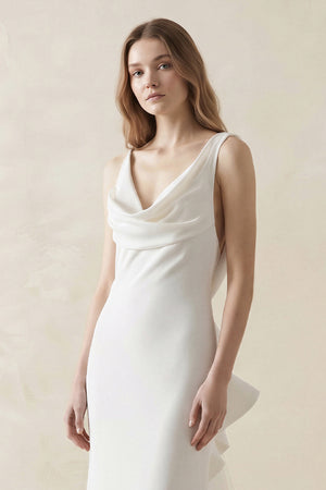 Mermaid Crepe Cowl Neck Wedding Dress with Train in White