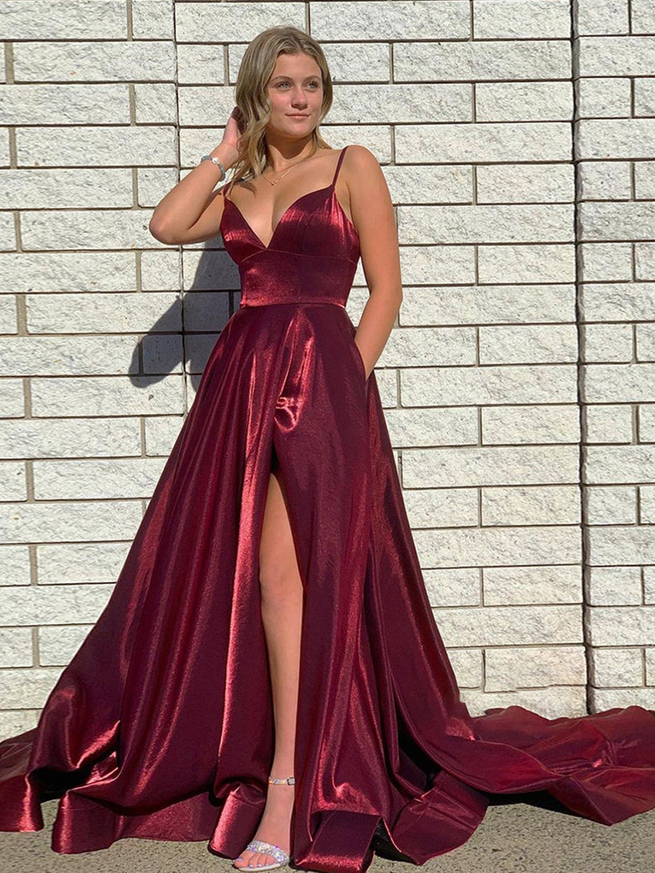 DarkRed Satin A Line Tight Long Prom Dress With Slit