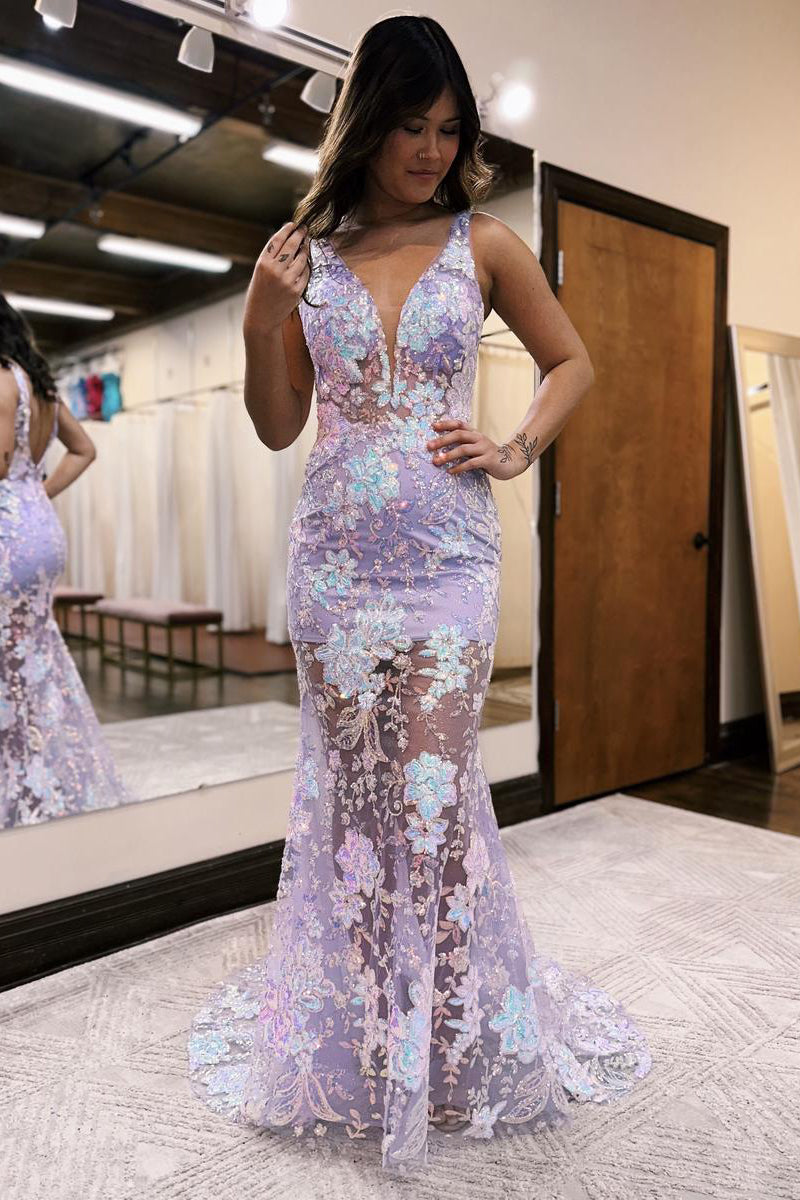 Tamara | V Neck Mermaid Lavender Sequin Lace Long Prom Dresses