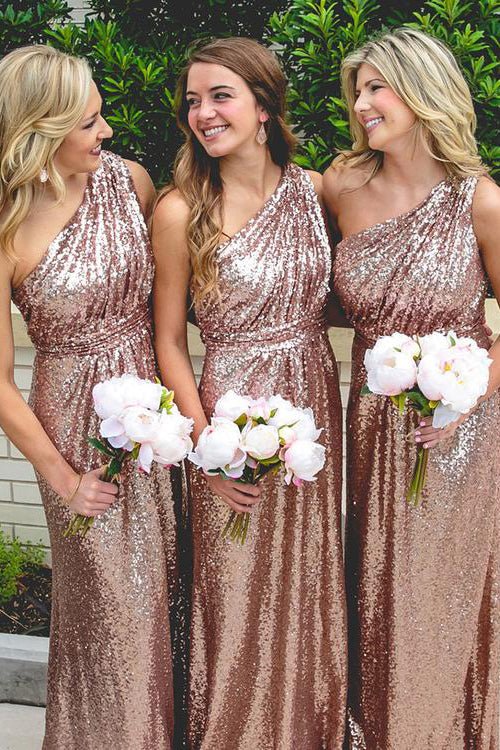 One Shoulder Rose Gold Sequins Sheath Long Bridesmaid Dress - KissProm